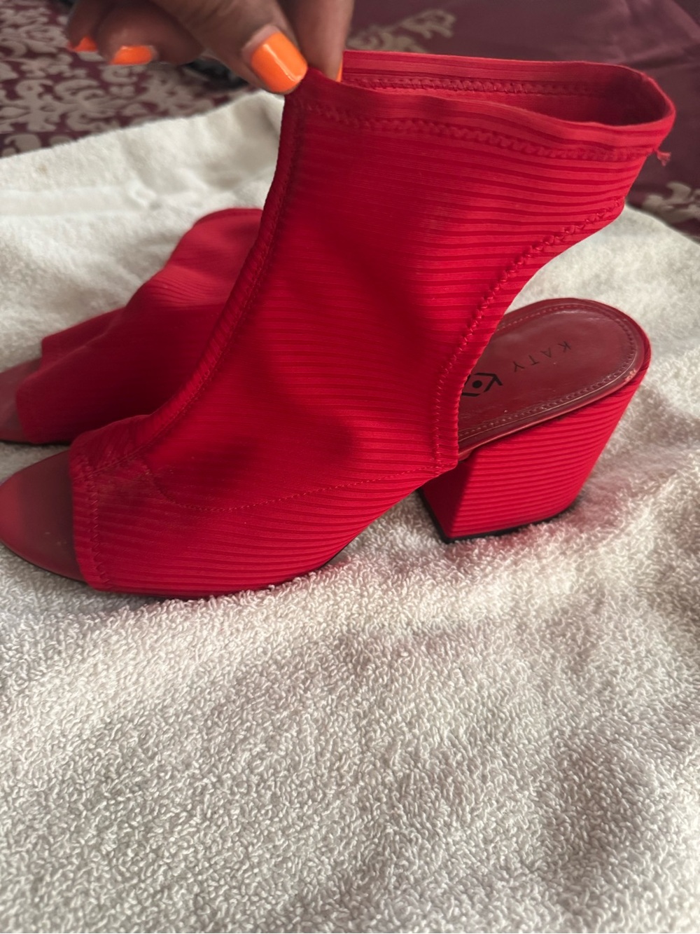 Katy Perry Collections Red Ribbed Open-Toe Block Heel Booties